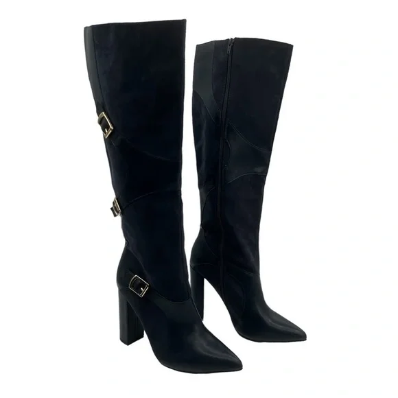 JUSTFAB Blue Yelda Buckle Tall Heeled Pointed Toe Boots Size 9.5 Women's - Picture 1 of 12